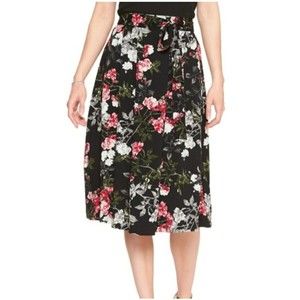 Banana Republic Floral Tie Waist Skirt Black & Pink Midi Size 14